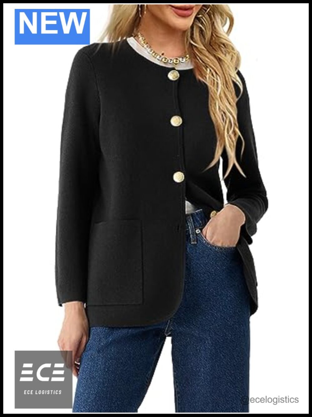 Womens Crew Neck Button Down Cardigan Sweater Blazer Long Sleeve Knit Jacket